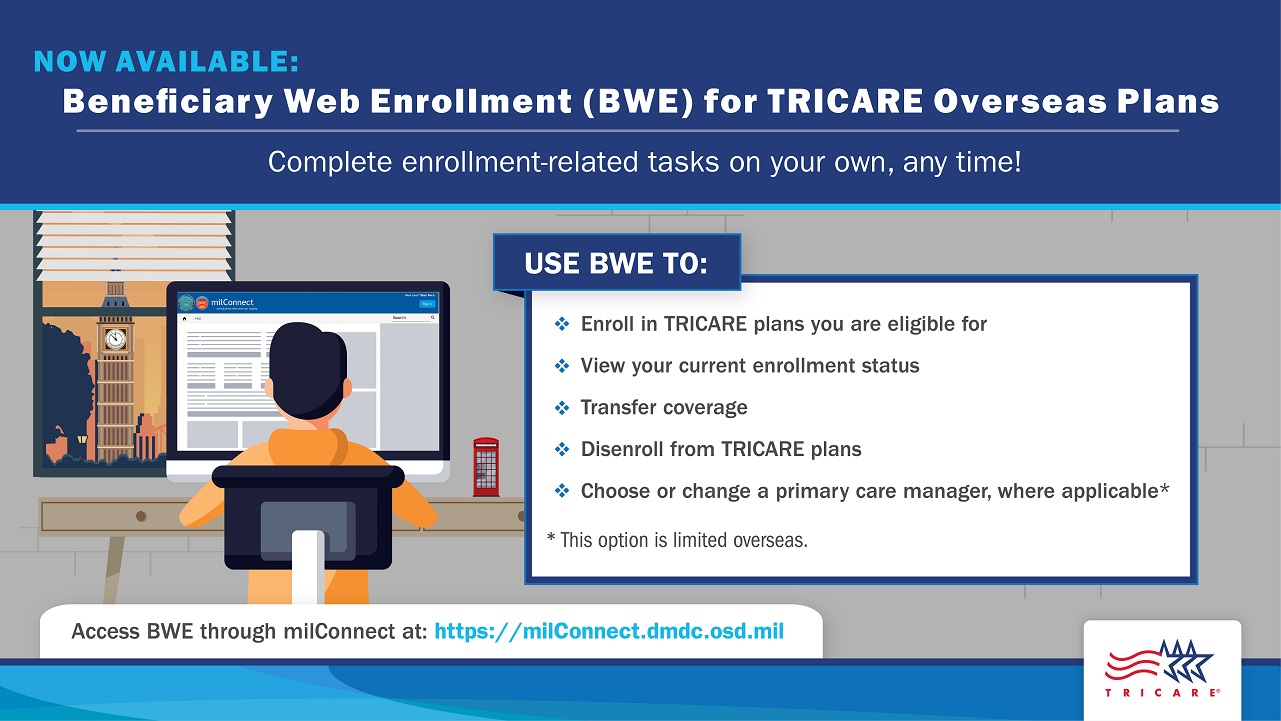 Screensaver featuring an image of a man at his computer, explaining that Beneficiary Web Enrollment BWE is now available for TRICARE Overseas beneficiaries to complete enrollment-related tasks online.