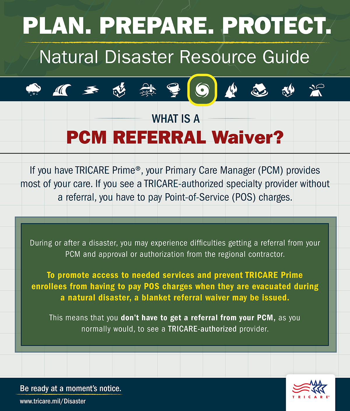 This image describes what you need to do to obtain a blanket PCM referral waiver in the event of a hurricane