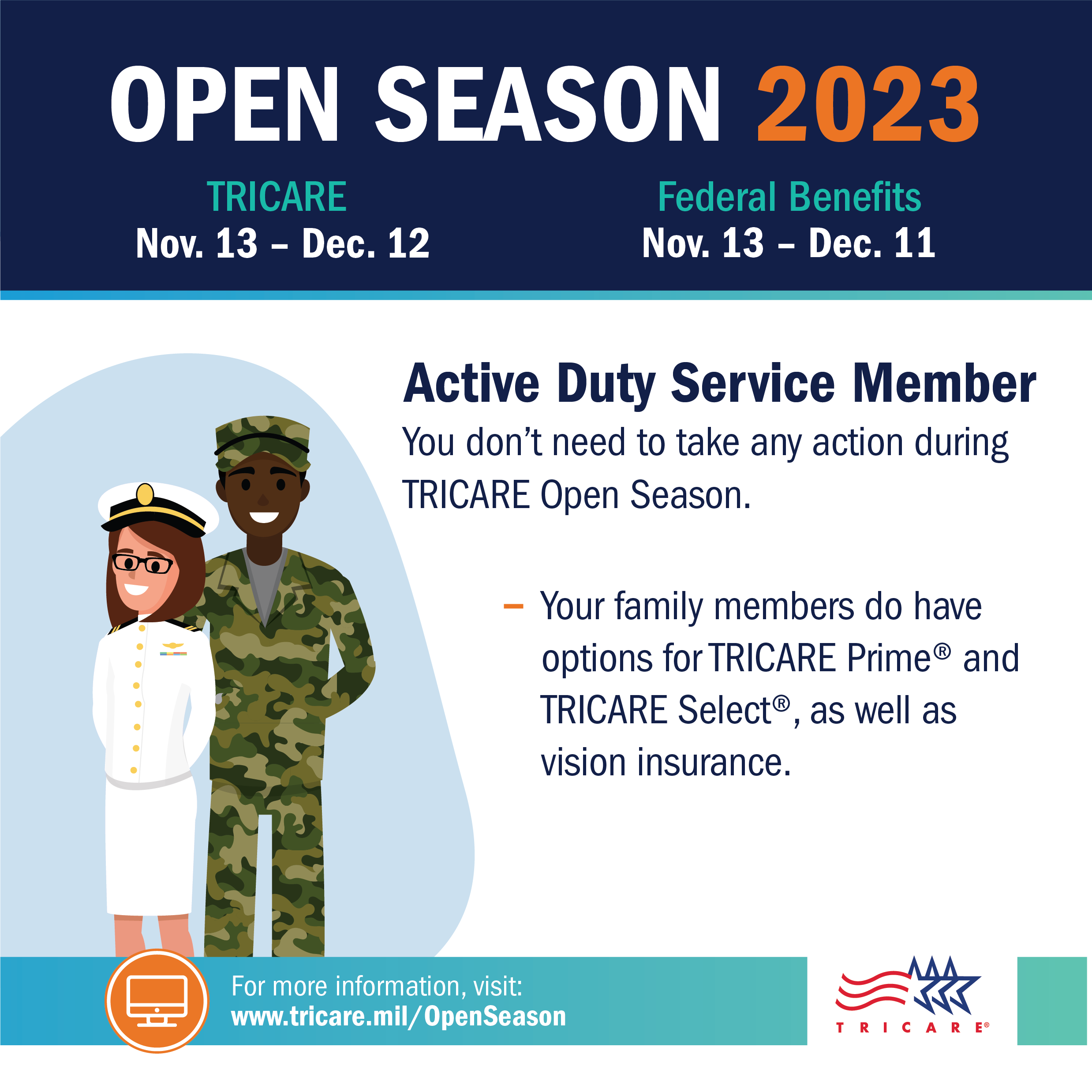 Open Season graphics for ADSMs with a two ADSMs on the left, the TRICRE logo on the bottom right, and a link to www.tricare.mil/openseason on the bottom left. States that you can enroll or switch health plans during Open Season.