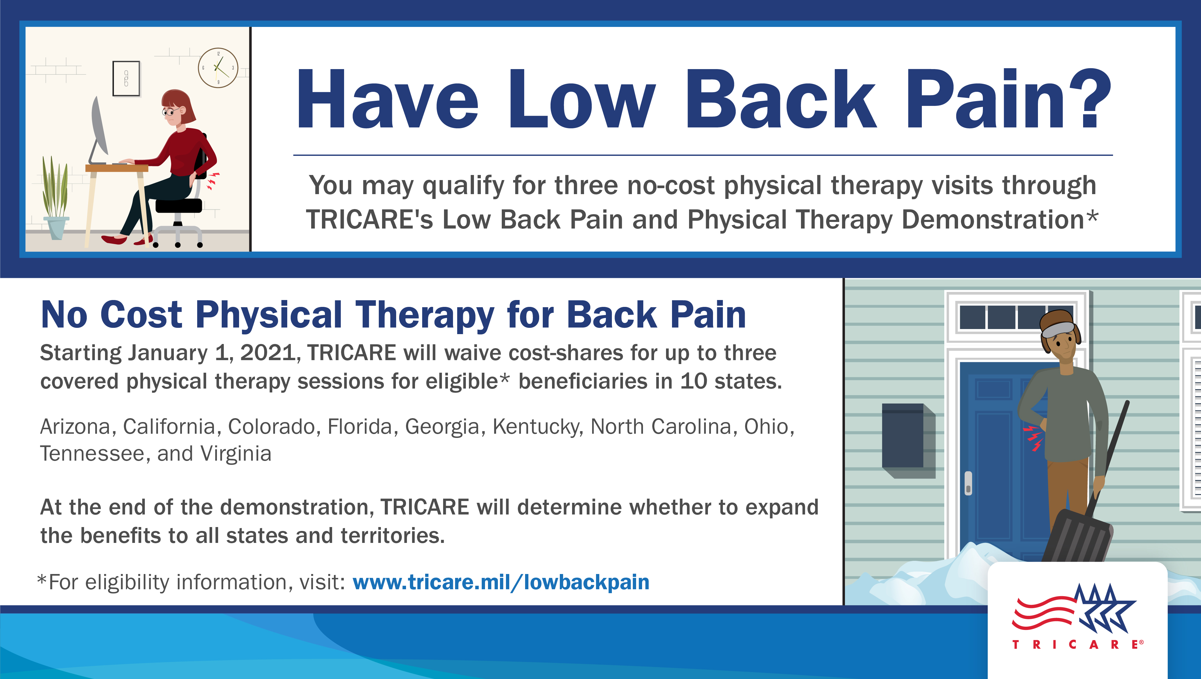 screensaver featuring images of people with low back pain and explaining that TRICARE will waive cost-shares for up to three low back pain physical therapy sessions for beneficiaries in ten demonstration states, if beneficiaries meet eligibility criteria.