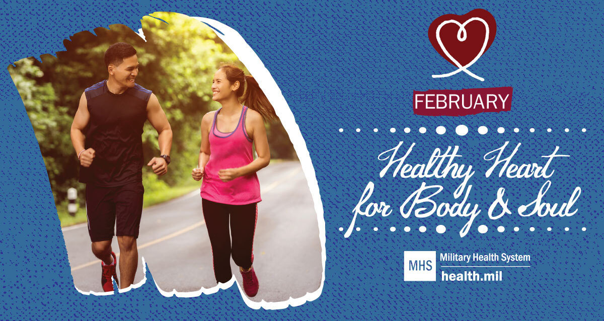 Link to Infographic: Social media graphic on healthy heart for body and soul with two people running and talking