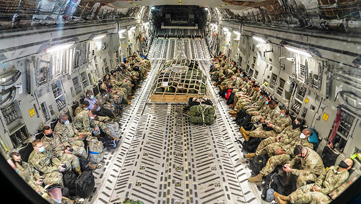 An Air Force C-17 Globemaster III at Joint Base Pearl Harbor-Hickam, Hawaii, prepares to transport U.S. Army medical personnel to Guam in support of the global COVID-19 response on April 13, 2020.