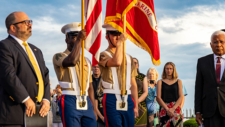 U.S. Marine Corps Cpl. Andrew Stofila, right, and Sgt. Brandford Asomaning Jr., both with Task Force Koa Moana 23, participate in the color guard during the 81st Anniversary of the Battle of Guadalcanal ceremony at the Guadalcanal American Memorial in Honiara, Solomon Islands, on Aug. 7, 2023. The Battle of Guadalcanal, also known as Operation Watchtower, was a seven-month campaign that marked the first allied land offensive in the Pacific theater in World War II. (U.S. Marine Corps photo by Staff Sgt. Courtney G. White)