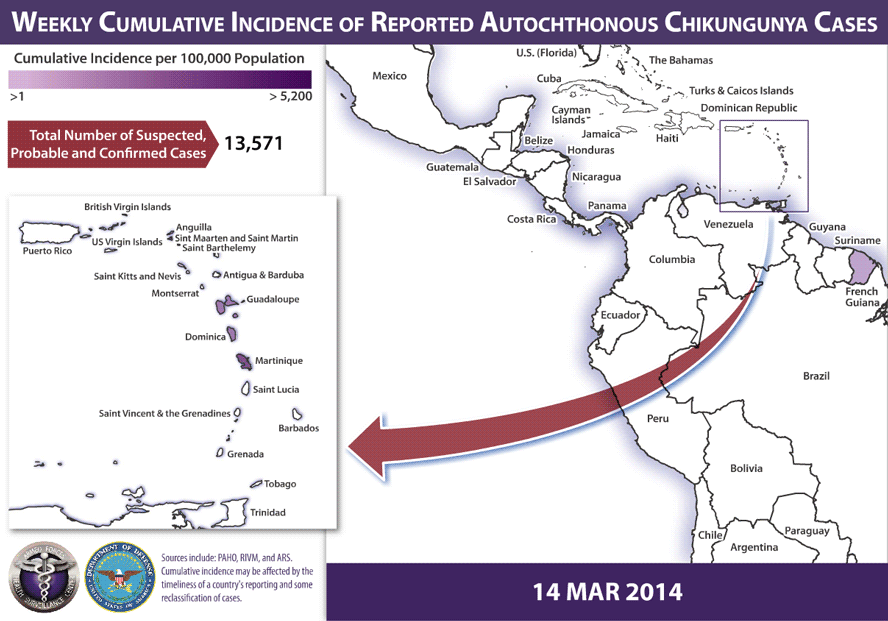 Starting in MAR 2014, chikungunya virus was introduced into the Caribbean and South America. This GIF displays the cumulative weekly incidence of reported autochthonous cases between MAR 2014 and MAR 2015. 