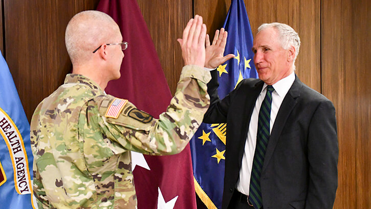 Link to Photo: Defense Health Agency (DHA) Director Lt. Gen. (Dr.) Ron Place, left, swears in Dr. Michael Malanoski as new DHA Deputy Director, in Falls Church, Virginia, May 9, 2022.