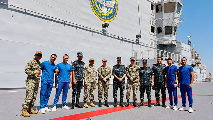 Medical sailors from the U.S. Navy and the Egyptian Navy pose for a group photo aboard Egyptian Naval Ship Anwar El-Sadat during exercise Bright Star 2023 at Ras Al Tin Naval Forces Base, Egypt, Sept. 10. Bright Star 2023 is a multilateral U.S. Central Command exercise held with the Arab Republic of Egypt across air, land, and sea domains. The exercise promotes and enhances regional security and cooperation and improves interoperability in irregular warfare against hybrid threat scenarios. (Photo by U.S. Navy Lt. Freddie Mawanay)