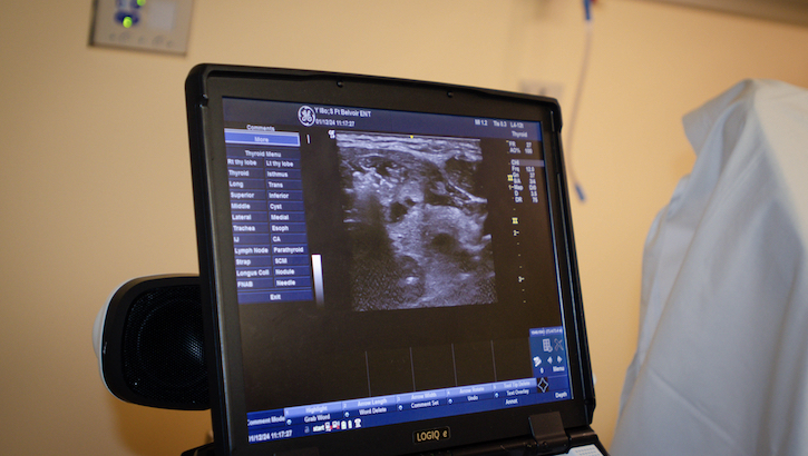 Surgical monitor displays progress of thyroid ablation procedure at the Alexander T. Augusta Military Medical Center January 12, 2024. (Department of Defense photo by Kyle Harvey)