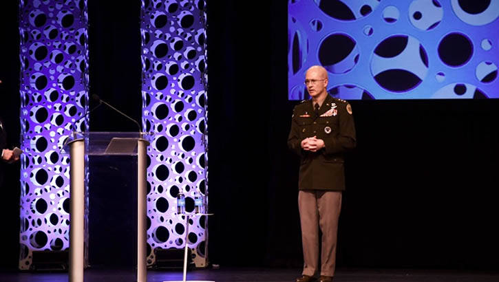 Image of Army Lt. General (Dr.) Ron Place during his speech at the Healthcare Information and Management Systems Society conference held in Orlando, Florida, March 2022. Place’s speech detailed his thoughts on solutions to military health care readiness. (Photo: Claire Reznicek, MHS Communications).