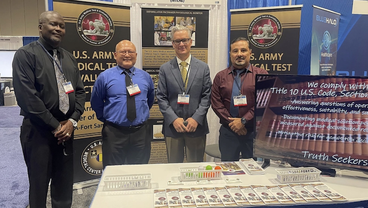 U.S. Army Medical Test and Evaluation Activity staff Mr. Archie Kinnebrew, Mr. Vibol Khiev, Mr. Daniel Burrhus and Mr. Eitter Rodrigues at the Military Health System Research Symposium from August 14 through 18, 2023. MTEAC hosted a booth to engage with participants on how the U. S. Army Medical Center of Excellence envisions and designs responsive Army medicine capabilities and structure in support of fielded and future forces. (Photo: Jose Rodriguez)