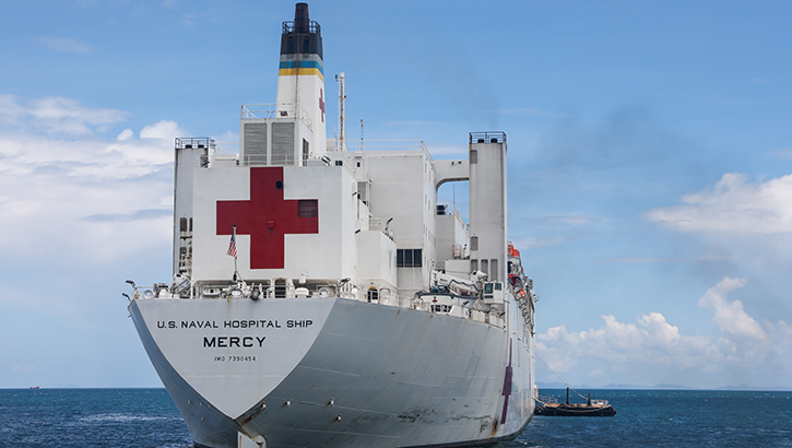 The U.S. Naval Ship Mercy arrives in Honiara, Solomon Islands, during Pacific Partnership, Nov. 18, 2023. Pacific Partnership, now in its 19th iteration, is the largest multinational humanitarian assistance and disaster relief preparedness mission conducted in the Indo-Pacific and works to enhance regional interoperability and disaster response capabilities. (Photo by U.S. Navy Seaman Gavin Hendershot)