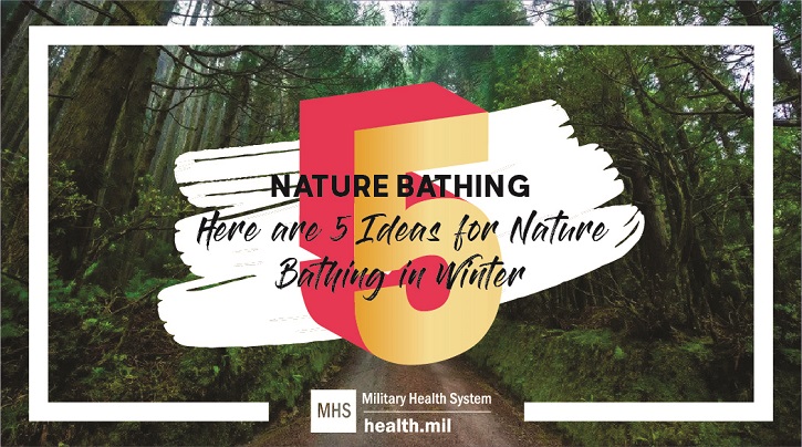 Image of The number 5 against a forest backdrop, with the text "Here are 5 ideas for Nature Bathing in Winter".