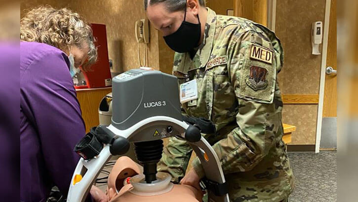 Image of In 2020, Air Force 1st Lt. Tiffany Parra, an ICU nurse at the 633rd Medical Group, on Joint Base Langley-Eustis, Virginia, was deployed to a North Dakota hospital to support a FEMA COVID-19 mission. In the photo, she trains on equipment used for critical patients in a North Dakota ICU. (Photo: Courtesy of Air Force 1st Lt. Tiffany Parra).