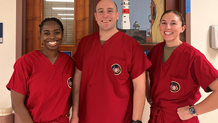 U.S. Navy Lt. Sindey Eugene, U.S. Navy Lt. Eloise Bacon, and U.S. Navy Lt. Andrew Greene, nursing staff on the multi-service ward at Naval Hospital Rota, were selected through a new initiative to pursue nurse anesthesia and family nurse practitioner advanced practice programs at the Uniformed Services University. (Photo by U.S. Navy Cmdr. Jenny Paul/U.S. Naval Hospital Rota)