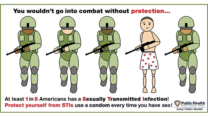 Image of Protect yourself in the war against sexually transmitted infections. If you have questions about where to find free condoms, STI testing, or treatment, contact your health care provider or local installation clinic.