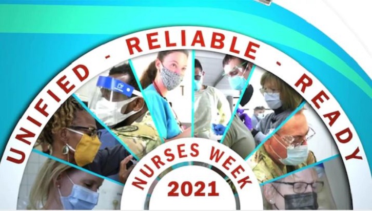 Link to Video: Image of nurses in a semi-circle, with the words Unified, Reliable, Ready, and Nurses Week 2021