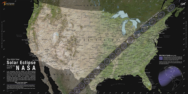 Image of the United States showing the total solar eclipse path from southern-central to northern-east.