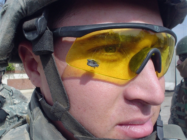 U.S. Army 1st Lt. Anthony Aguilar wears the ballistic protective eyewear 